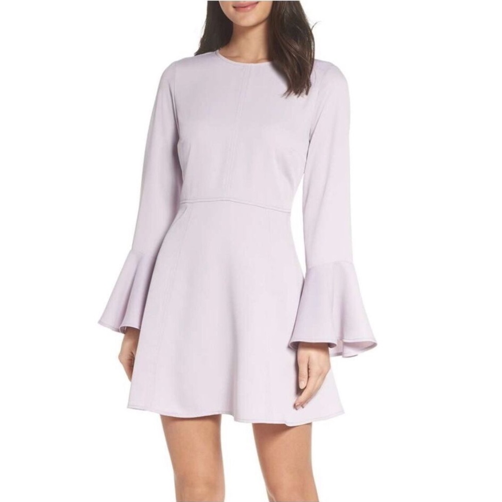 Silky, lavender cocktail mini-dress with bell sleeves